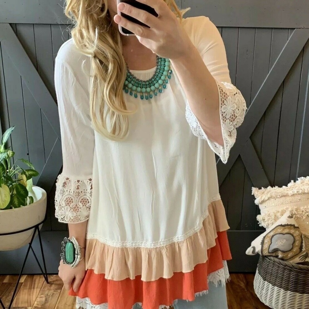 Last Few! Ruffle Hem White Lace Tunic Blouse Top - Picture 2 of 8